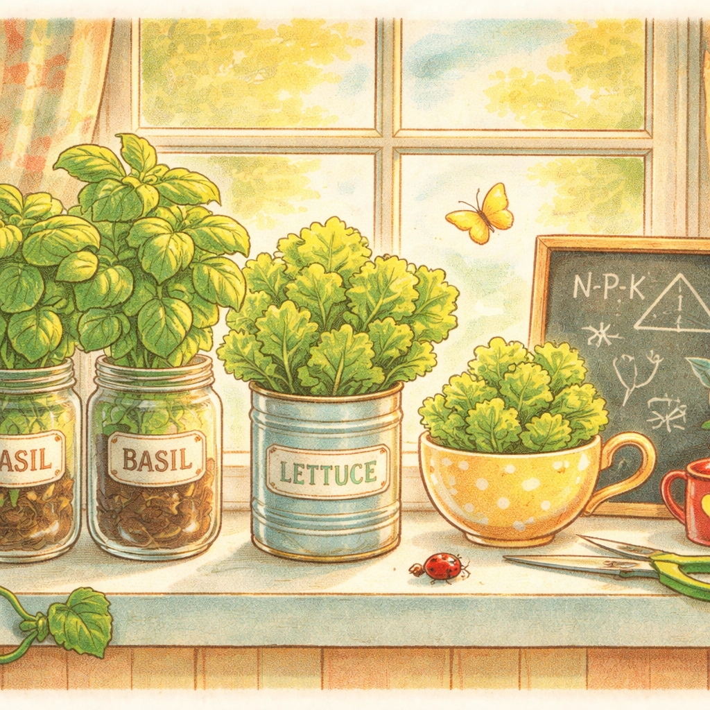 Sunny windowsill herb garden in recycled jars with thriving basil and lettuce, highlighting household nutrients for hydroponics.