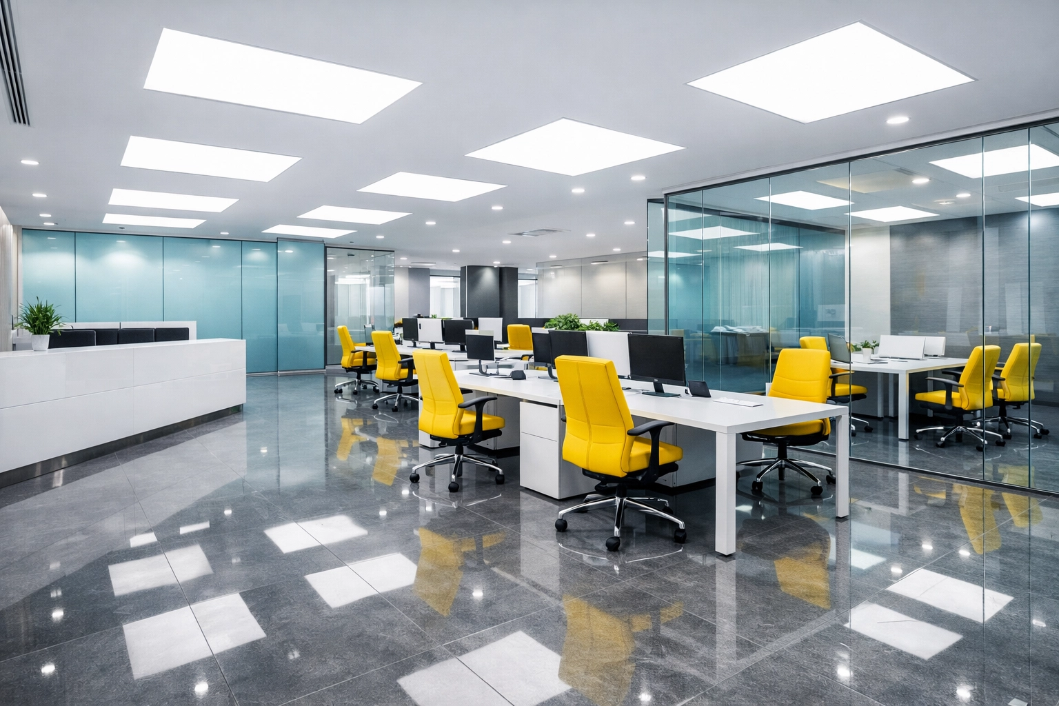 Clean and organized corporate office workspace representing professional commercial cleaning services.