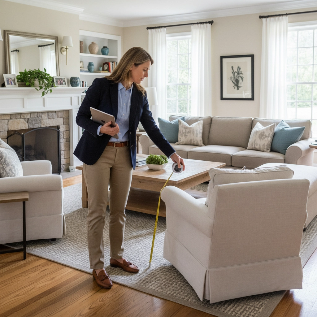 Interior Designer measures a chair with a tape measure in a bright living room, holding a tablet. Soft colors, cozy atmosphere.