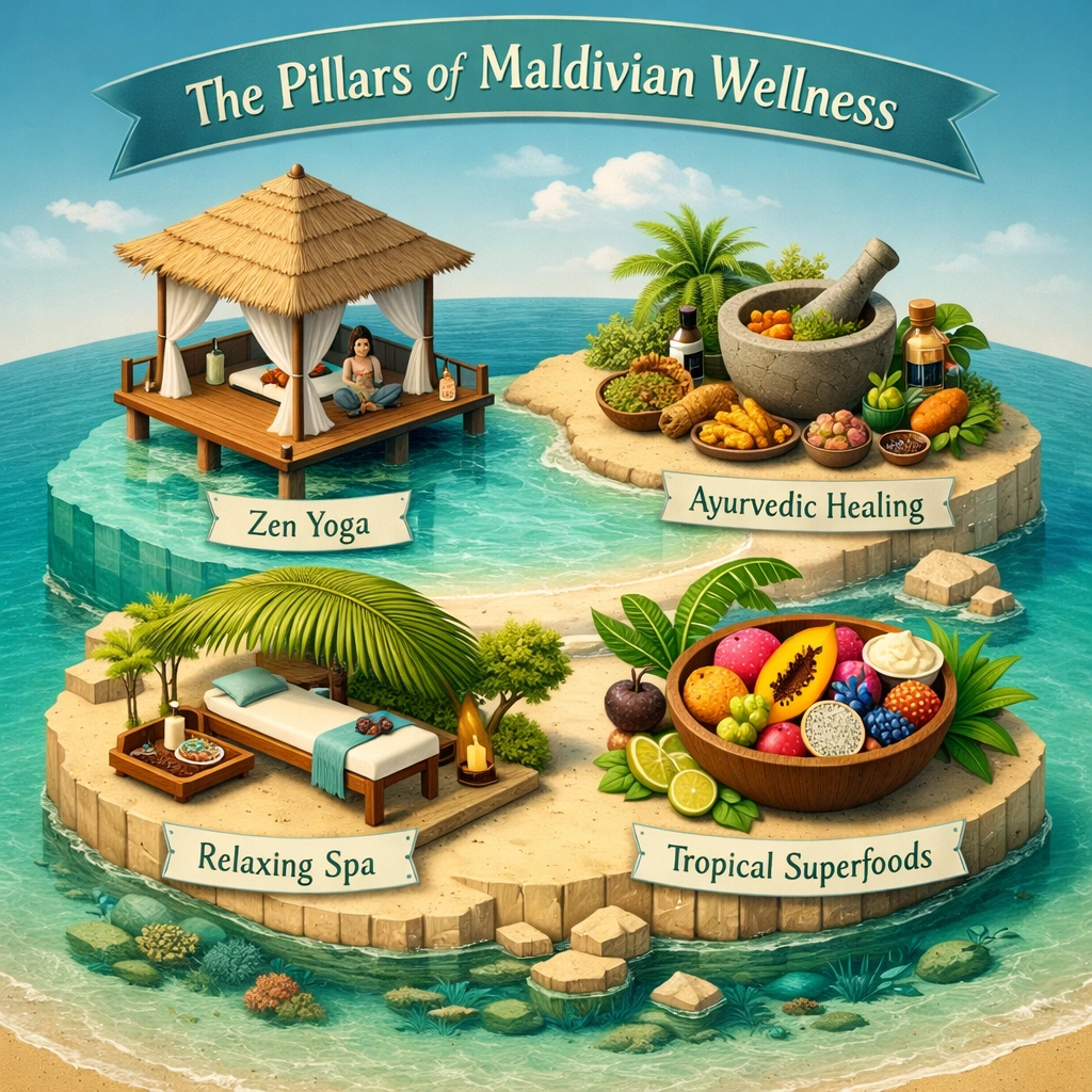 Infographic showing wellness pillars for Maldives luxury resorts including yoga, spa, and Ayurvedic dining.